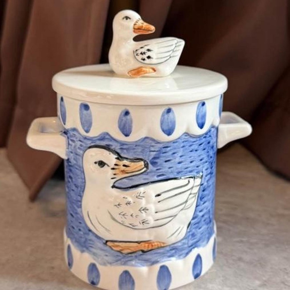 Vintage Blue and White Ceramic Duck Cookie Jar Cottagecore Polka Dot Canister